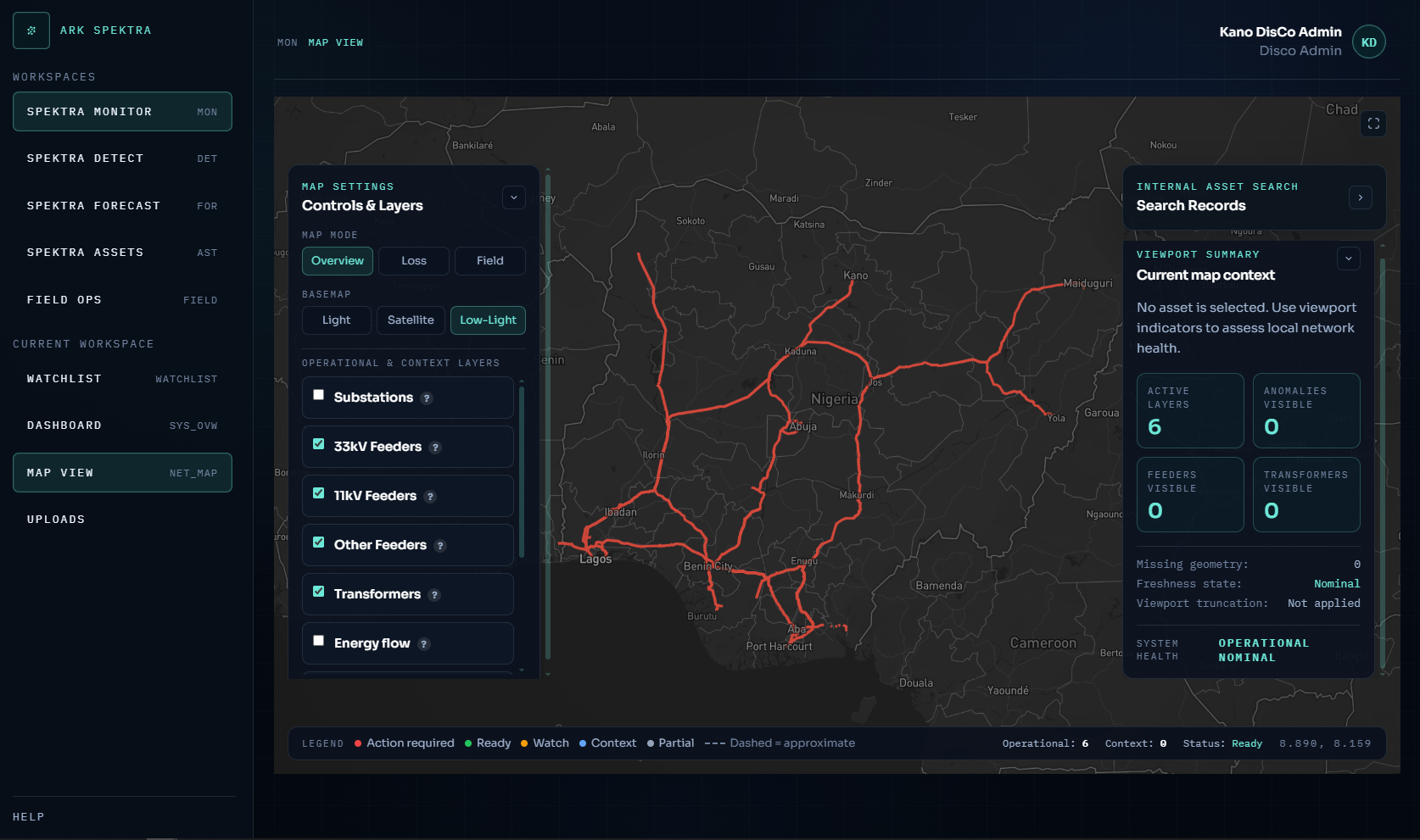 Ark Spektra interface showing map layers and network overview